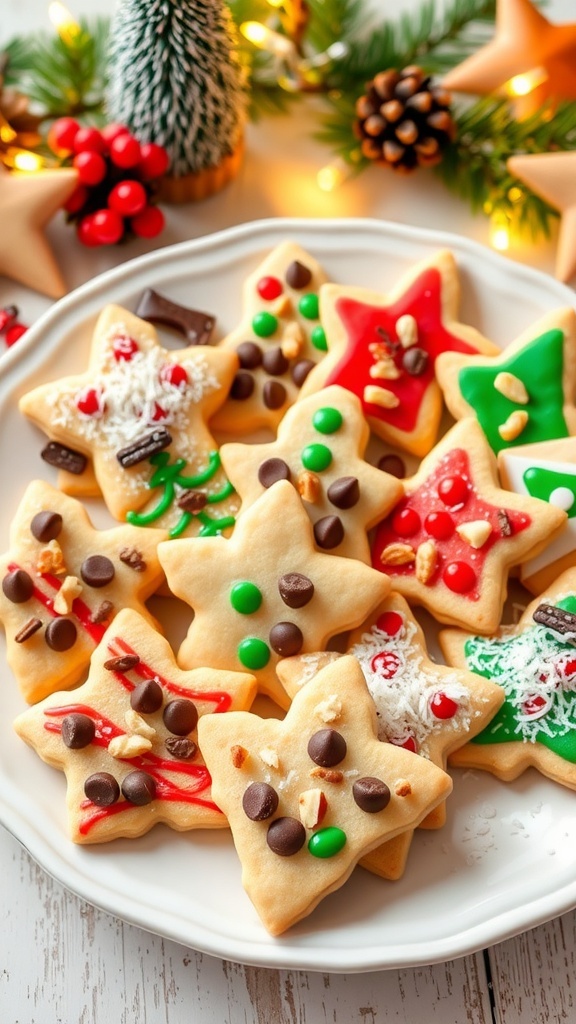 No-Bake Christmas Cookie Recipe A colorful assortment of no-bake Christmas cookies on a decorative plate, surrounded by holiday decorations.
